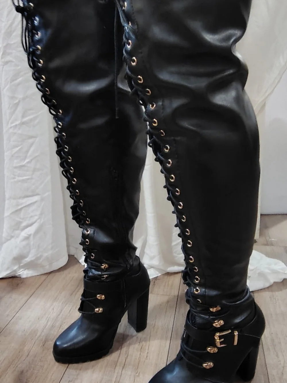 Black Lace-Up Over-the-Knee Heeled Boots